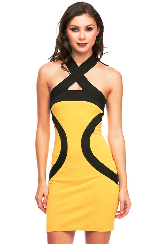 Yellow & Black Halter Bodycon Dress